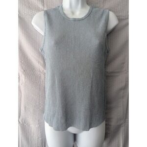 Plisse Silver Blue Metallic Ribbed Sleeveless Knit Top Crew Neck Large L